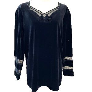 Vintage Clara S Velvet Top Shirt Size Large Black Mesh Trim Sequin Whimsigoth